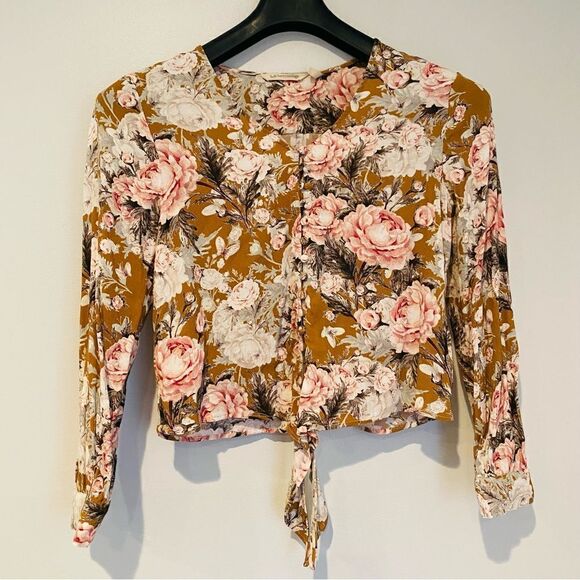Soft Surroundings Brown Floral Button Tie Front Blouse Size Small - Picture 1 of 6